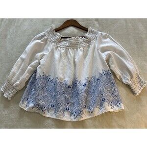 Calligraphie Women Top Large Off Shoulder Linen White Blue Geometric Blouse Boho